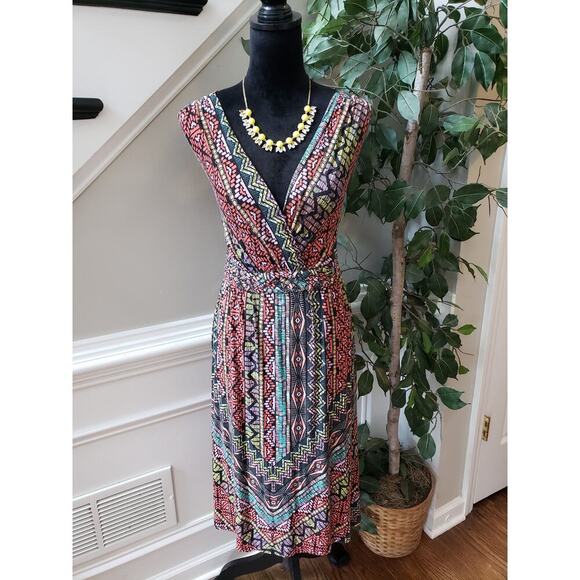 Spence Wrap Dress Women's Medium Multi Geometric Print Stretch Sleeveless V Neck - Picture 1 of 12